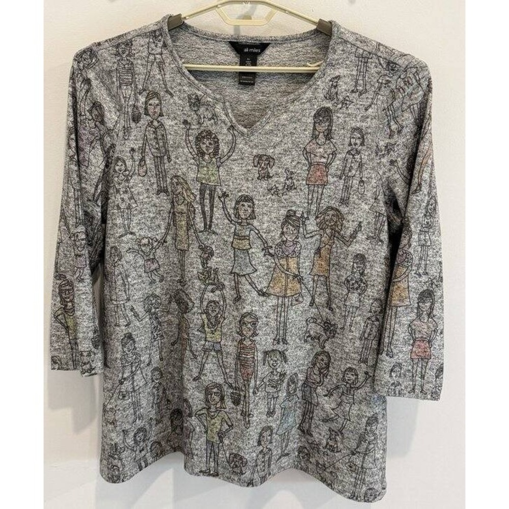 Ali Miles Gray Print Swing Tunic Notch Neck Pockets Artsy Print Size XL